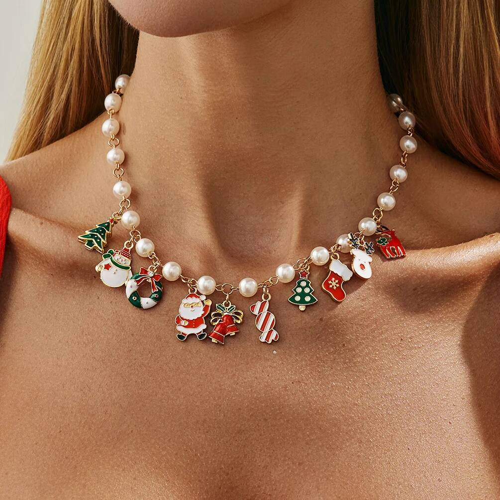 Salircon Christmas Tree Santa Claus Snowman Bell Pendant Necklace for Women Creative Metal Clavicle Choker Party New Year Gift