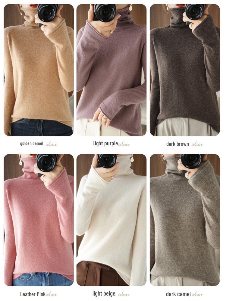 Women's High Neck Knit Sweater: Long Sleeve, Solid Color, Loose Fit, Stylish Autumn/Winter Base Layer