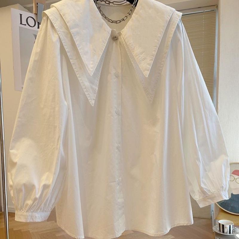 Luxe Loose-Fit Autumn Tops: Multi-Button French Doll Collar Shirt with Long Sleeves