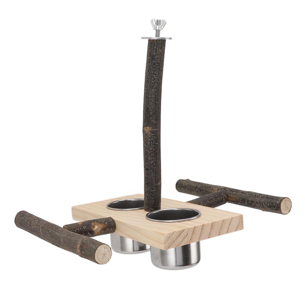Wooden Perch Stand Hanging Bowls Bird Food Stainless Steel Cups Wood Perch Stand Hanging Feeder