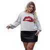 A Plus-size Women's Top with Sequined Embroidery on The Lips and A Personalized Patchwork Pullover T-shirt
