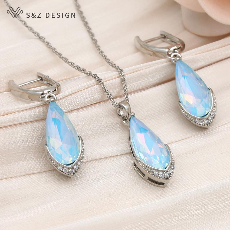 Fashion Water Drop Crystal Dangle Earrings Jewelry Sets For Women Rose Gold Color Zirconia Wedding Necklace