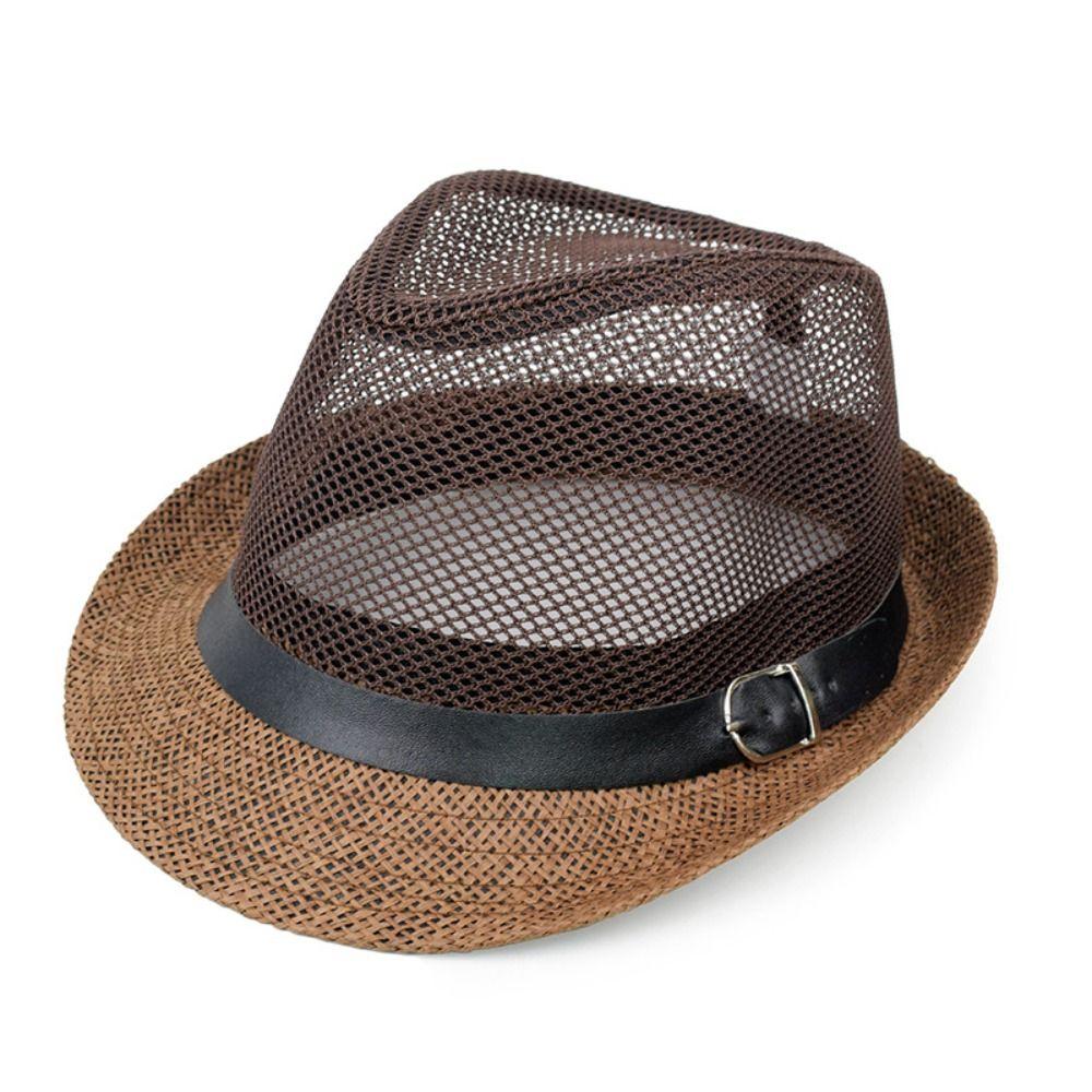 New Mesh Men Straw Panama Hat Brethable Sunscreen Sun Cap Wide Brim Lightweight Summer Beach Cap