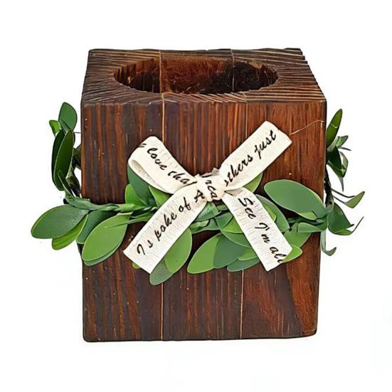 Wooden Tealight Candle Holder Rustic Wood Pillar Candle Stand with Bow Vintage Table Centerpiece for Fireplace Living Dining Room