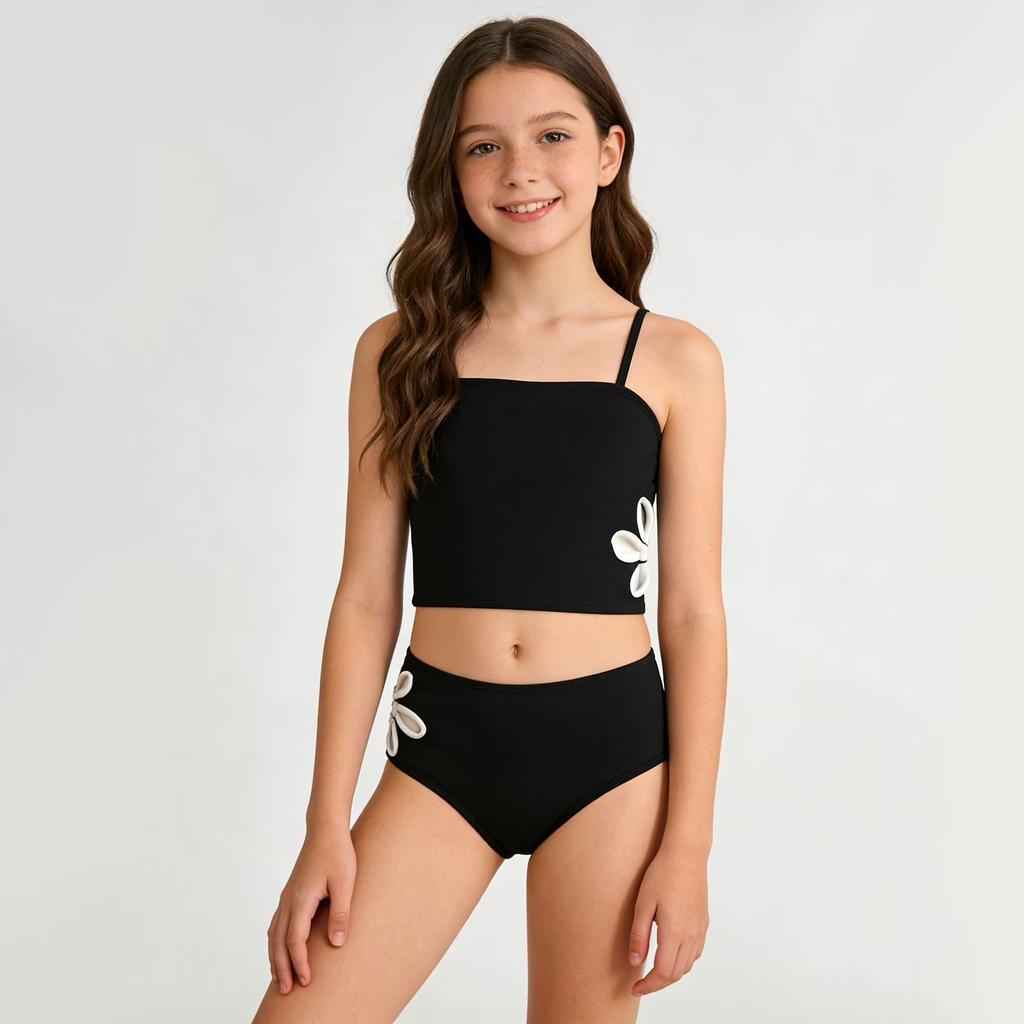 Girls Two Piece Swimsuit Set Tankini Top with Adjustable Straps High Waist Bottom Swimwear for Kids Beach Pool