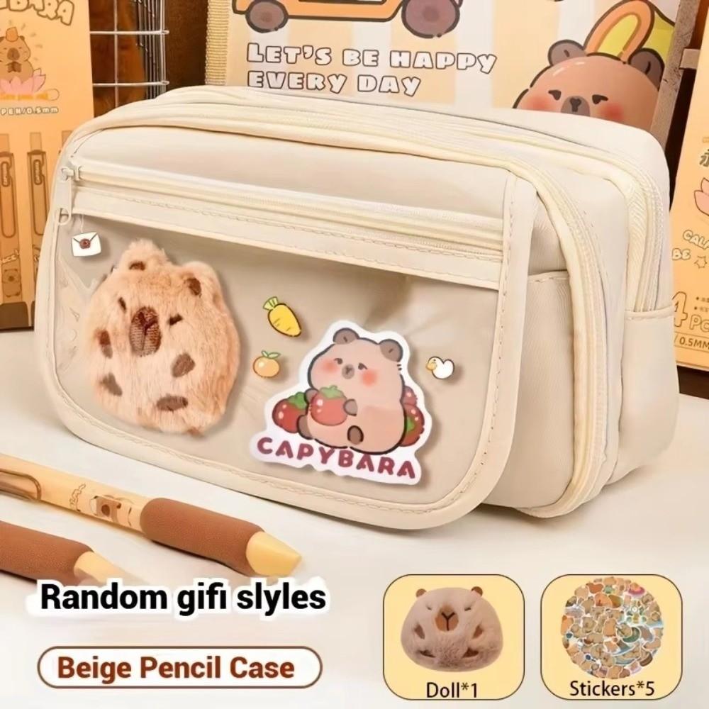 7Pcs Zipper Closure Capybara Pencil Case Large Capacity Stationery Bag Pen Bag  Office Use