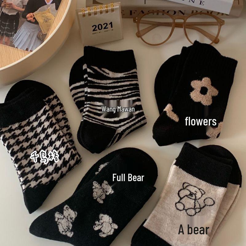 

Женские черные носки до середины икры с цветочным медведем и клеткой - Милые, теплые, с оборками, идеально подходят для весны и осени One Bear 1 Pair