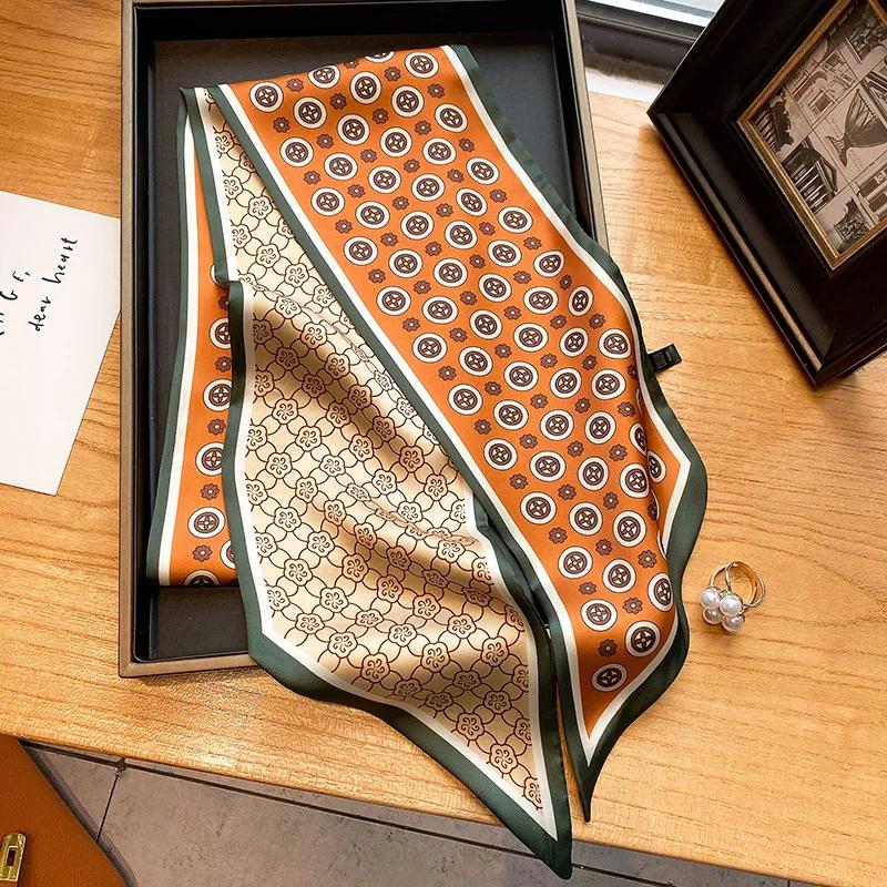 Luxury Design Silk Skinny Scarf Women Retro Hair Bands Neckerchief Soft Satin Lady Headband Bag Ribbon Tie Foulard Female Office