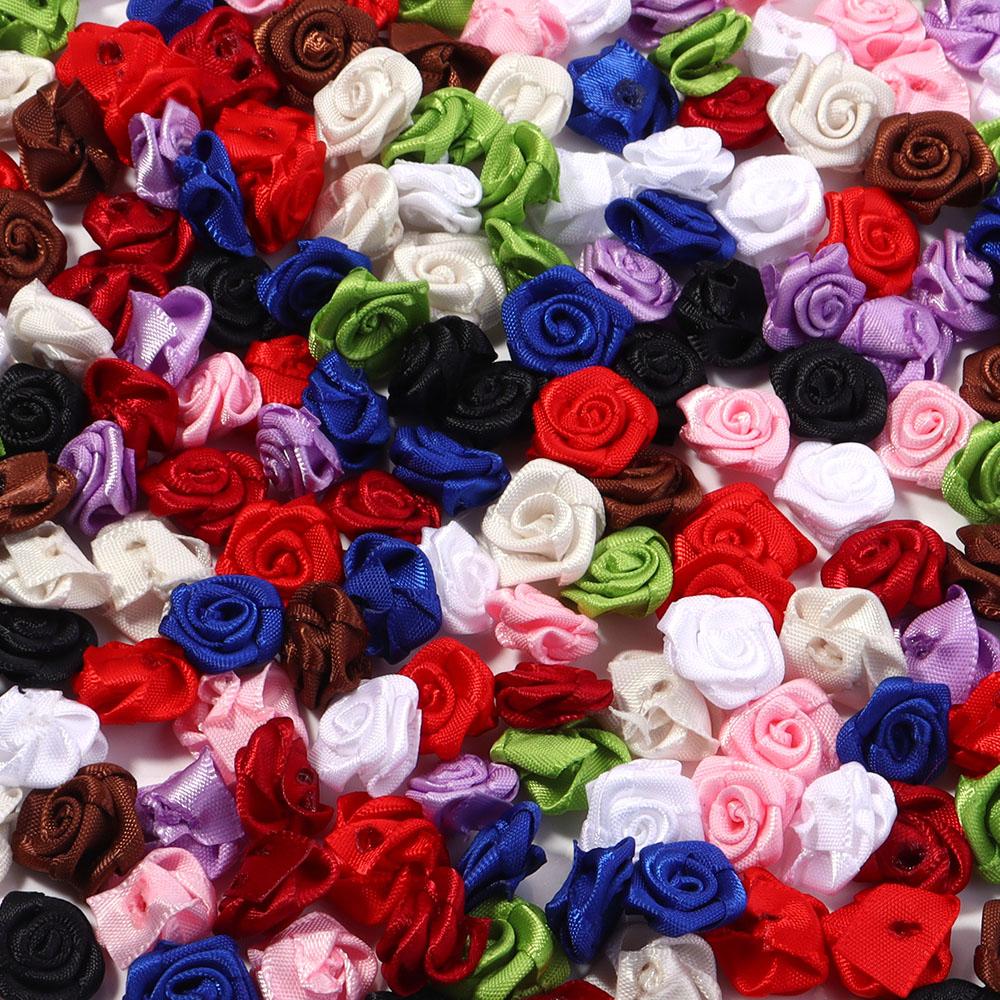 20pcs Satin Ribbon Flower 1.5cm Polyester Mini Artificial Rose Flower For Wedding Party Decor DIY Crafts Sewing Garment Supplies