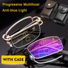 Portable Multifocal Reading Glasses Vintage Anti-blue Light Bifocal Eyewear for Men Women Far Near Sight with Leather Box
