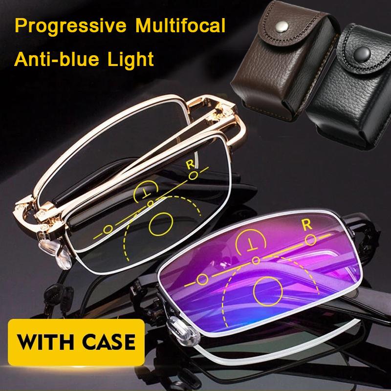 Portable Multifocal Reading Glasses Vintage Anti-blue Light Bifocal Eyewear for Men Women Far Near Sight with Leather Box