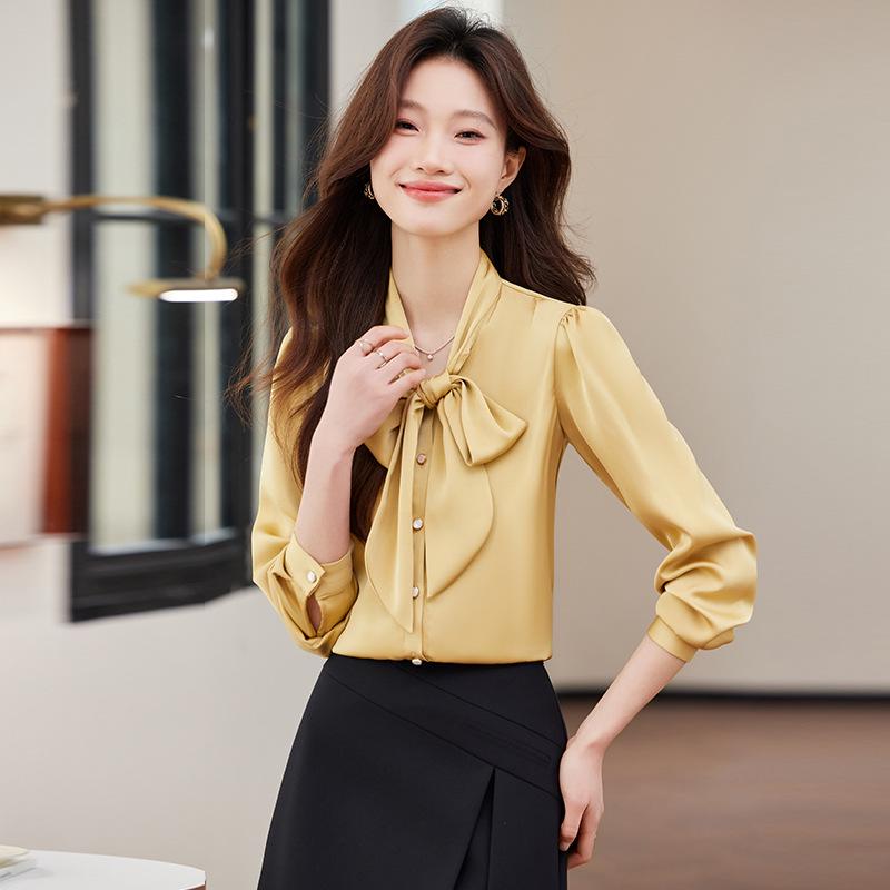Women's Chiffon Bow Tie Blouse - Long Sleeve Satin Shirt for Spring/Autumn