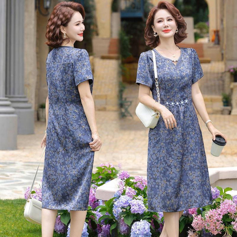 Blue Floral Print Slimming Dress for Middle-Aged and Elderly Women - Summer 2026 Fashion