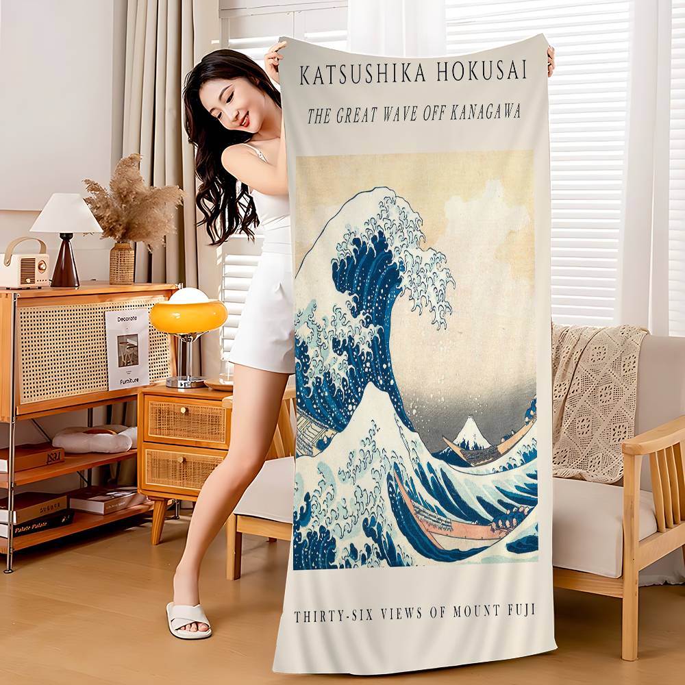 Wave Landscape Japanese Wall Art Beach Towel Bath Towels for Girl Microfiber Quick Dry Custom Sand Free Beach Yoga Spa Gym Pool