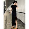 French Temperament Light Mature Short-sleeved Thin Dress Skirt Summer New Slim Split Fork Tight Long Dress Pure Desire Style