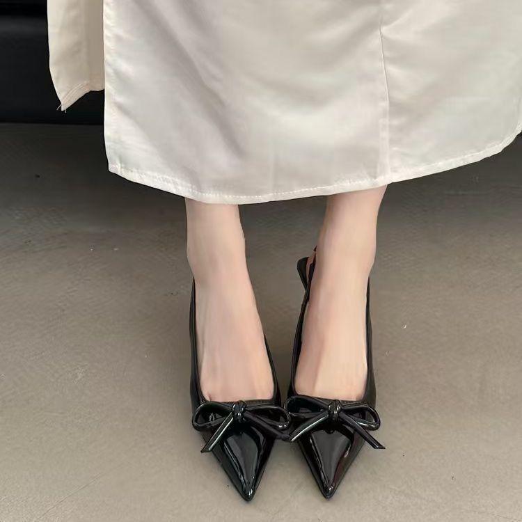 High-heeled nude bag head empty back, sweet bow, thin heel pointed head temperament, high-heeled sandals women's 2025 autumn new models