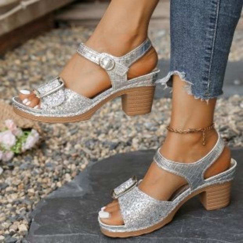 Women's Large Size Hollow Out High Heel Sandals Buckle Chunky Heel Fish Mouth Sandals