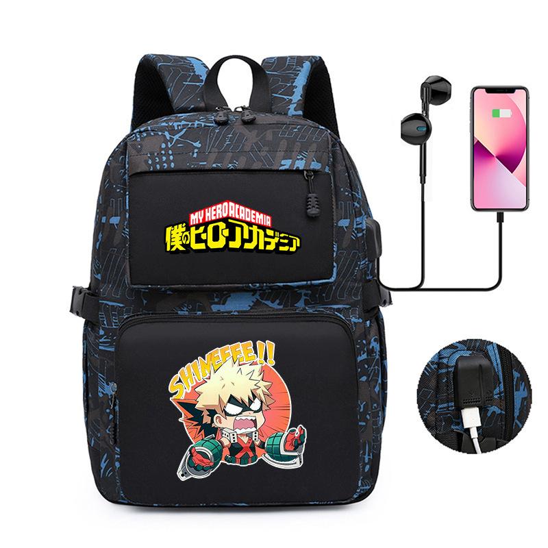 Riman My Hero Academy Cartoon Pattern Backpack, Large Capacity Student School Bag Usb Computer Bag