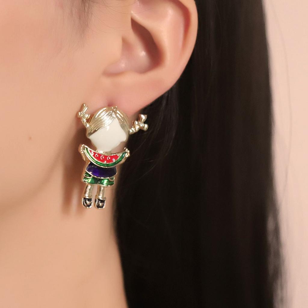 Korean version of cute fashion dripping oil cartoon alloy asymmetry summer watermelon pure little girl little painter female stud earrings
