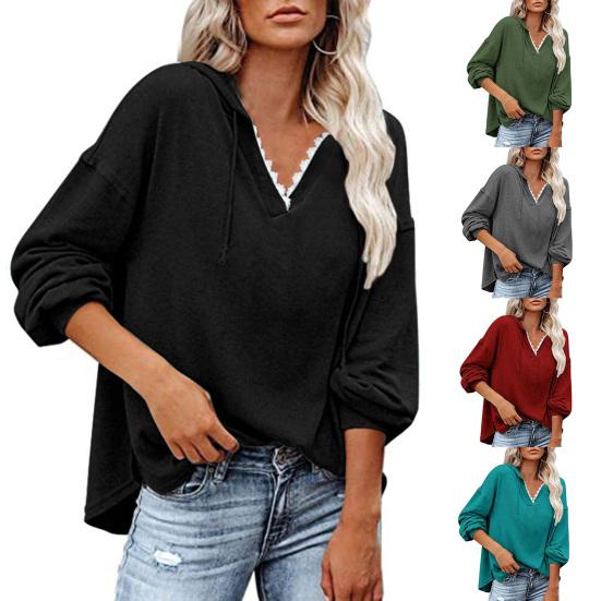 

Кружевной топ с капюшоном и V-образным вырезом, свободная однотонная толстовка с длинными рукавами