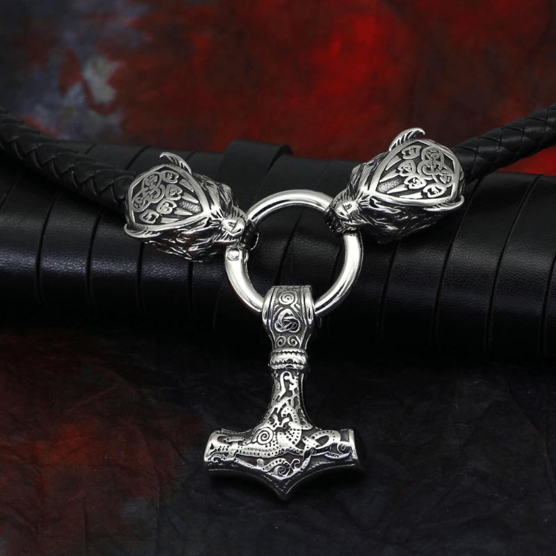 New High Quality Viking Wolf Head Leather Necklace Thor Hammer Pendant Jewelry Gift
