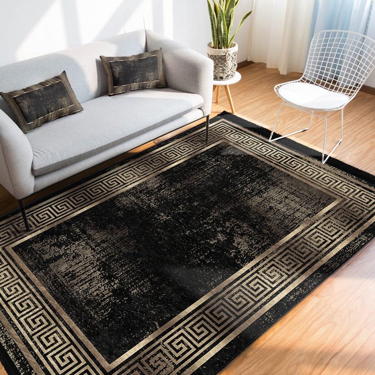 

Greek Key Area Rug Luxury Soft Living Room Rug Gold Bordered Non-Slip Carpet Black Gold Bedroom Rug Kitchen Mat Chic Hall Rug 40x60cm червоний