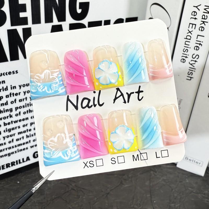 Short Duckbill Press-On Nails With 3D Floral Relief Sheer Blush French Tip Design Sweet Cute Gel-Like Manicure Small