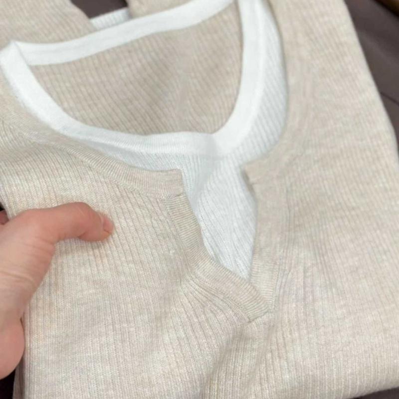 Youthful Color Block Fake Two Piece Knit Sweater Women Spring Soft Plush Long Sleeve Inner Wear Top Base Layer