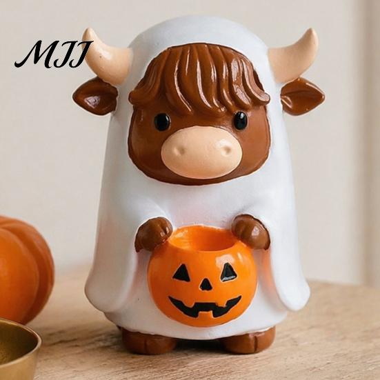 Holiday Party Table Centerpieces Highland Cow Ghost Figurine with Pumpkin Candy Bowl, Cute Halloween Resin Bowl Tabletop Decor for Farmhouse