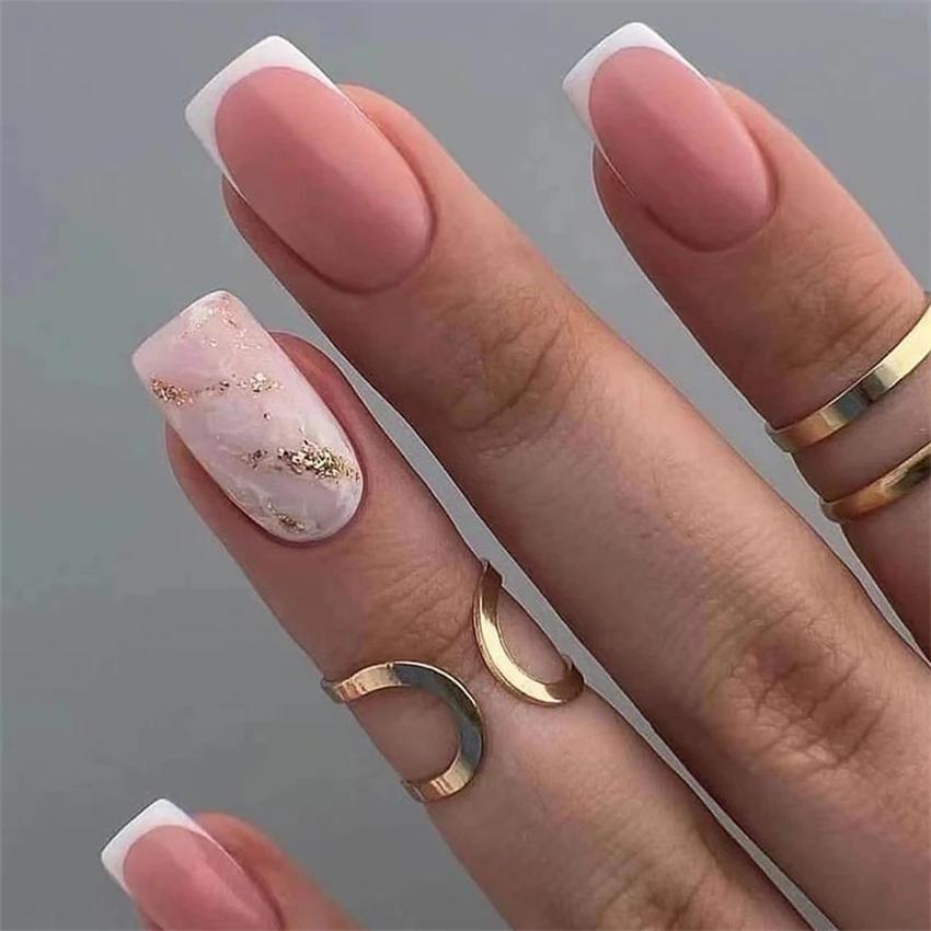 24 Stück Mittellange Acryl-Press-On-Nägel French Tip Falschnägel Set Abnehmbare Künstliche Nagelspitzen für Damen