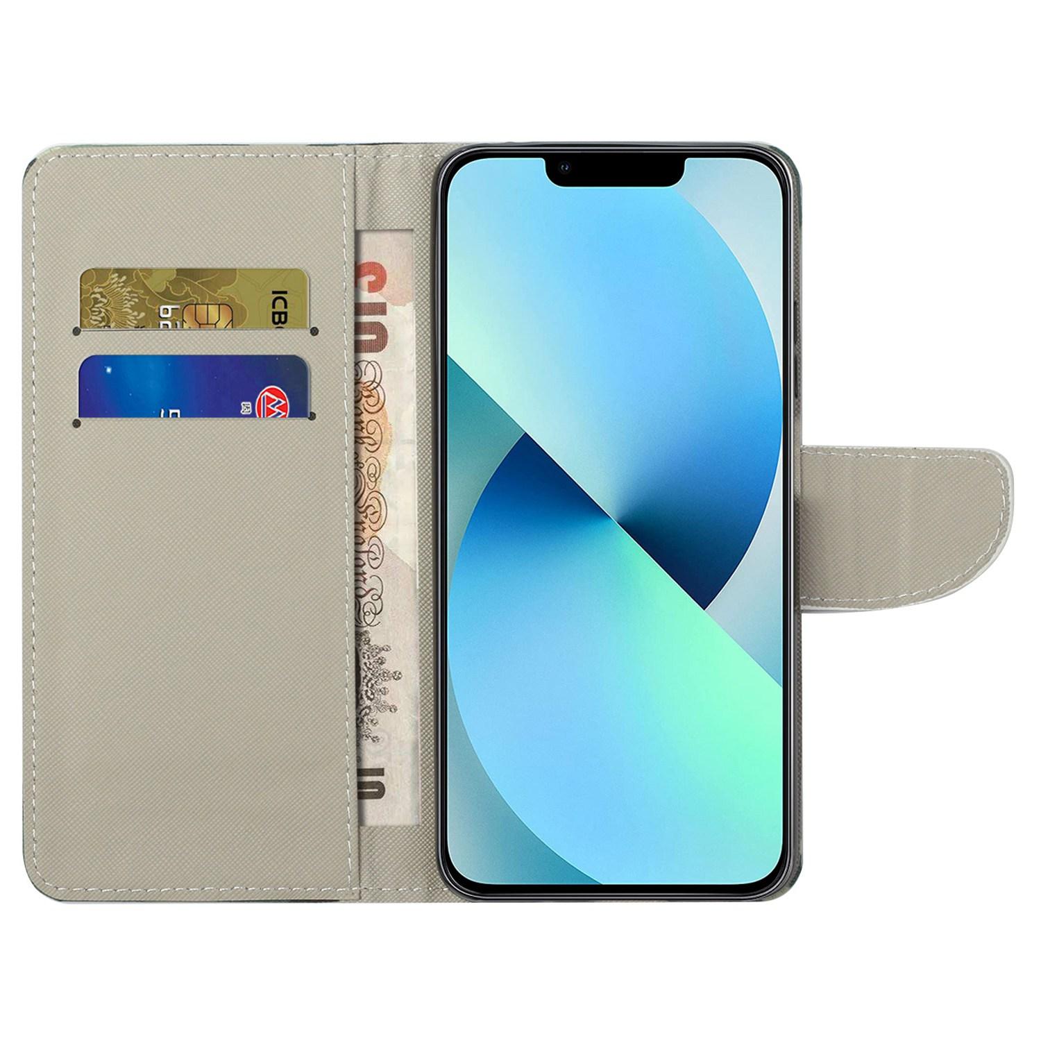 

For iPhone 14 Plus Anti-wear Pattern Printing Case Cross Texture PU Leather Wallet Protective Shell with Stand Green Tree