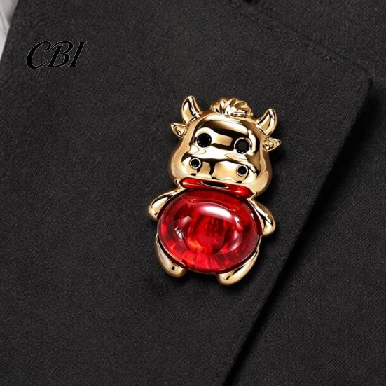 Decorative Coat Pin Golden Plated Alloy Cow Brooch, Red Faux Crystal Belly Cattle Lapel for Anti-oxidation Brooch Men Women, Animal Clothes