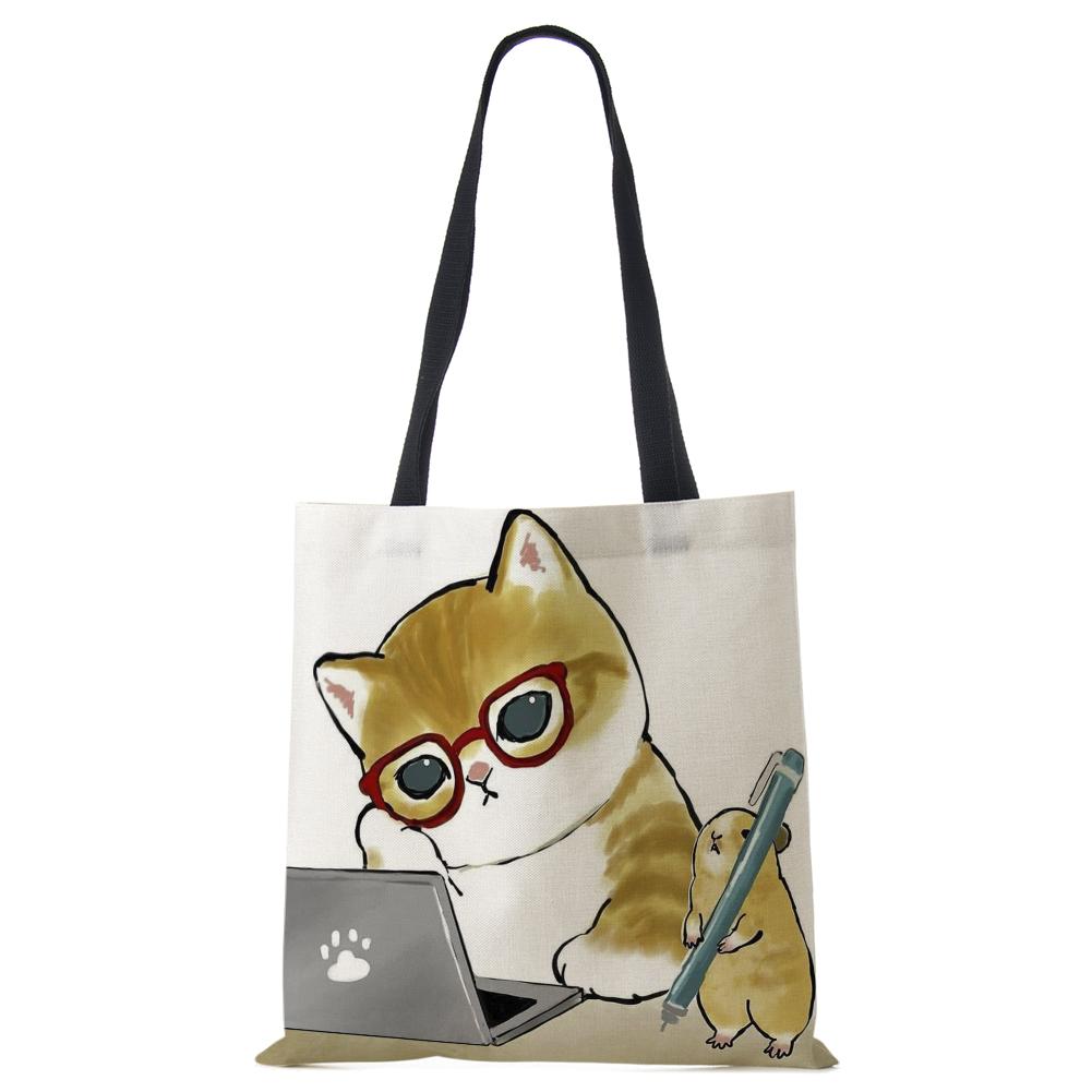 Cat Cartoon Canvas Shoulder Bag Women Print Harajuku Casual Shopping Tote Bag Reusable Large Capacity Folding Handbag CLE
