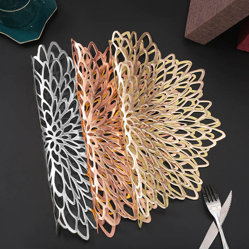 Sets of 4/6 Gold Floral Leaf Hollow Out PlacematsCoasters Vinyl Kitchen Dinning Table Place Mats Wedding Party Washable Decor