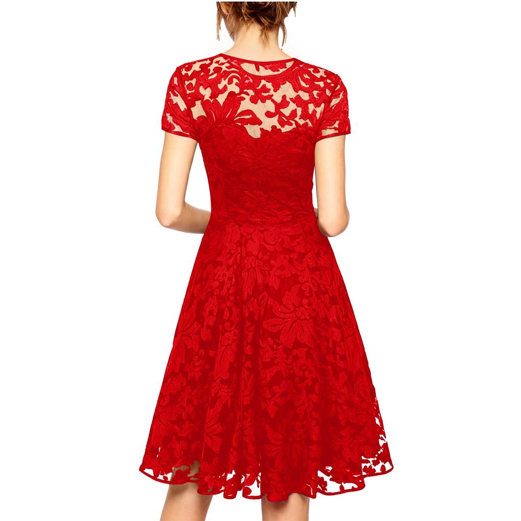 Women's Fashionable Round-neck Short-sleeved Lace-trimmed Dress