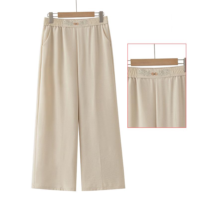 

Summer Embroidered Elastic Waist Trousers for Women - Comfortable, Breathable, Straight-Leg Pants for Middle-Aged and Elderly 5XL (140-150 jin) брудно-білий