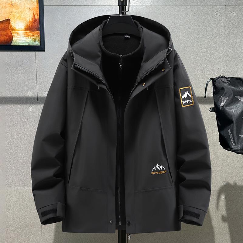 Men's Trendy Three-in-One Windproof Parka with Detachable Plus Velvet Lining, in Plus Sizes for Autumn and Winter.