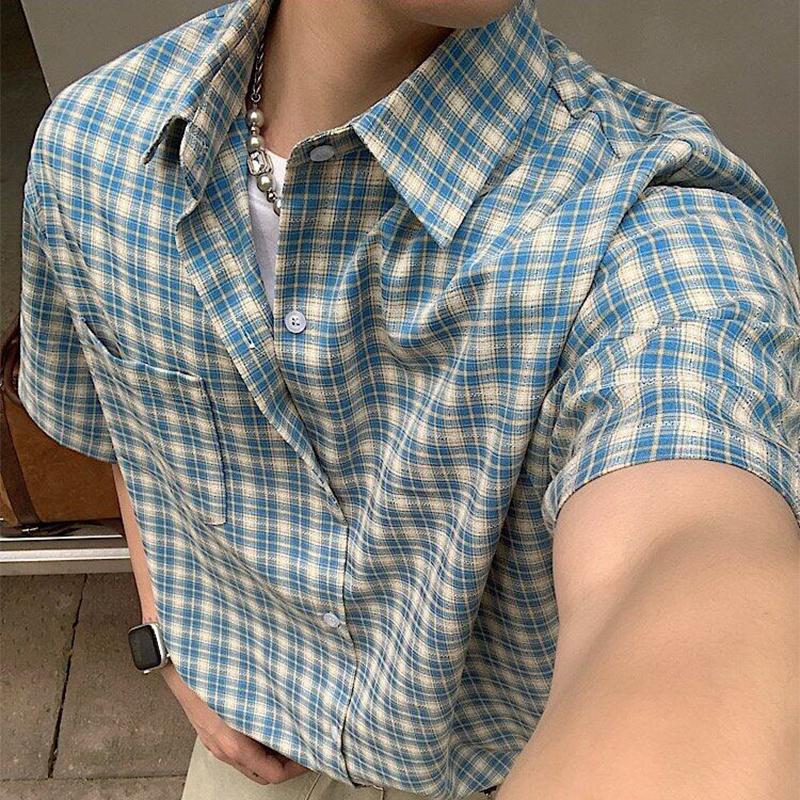 Summer Stylish Short Sleeve Shirt Men's Streetwear Vintage Button Up Turn Down Collar Shirts Trendy Men Plaid Printed