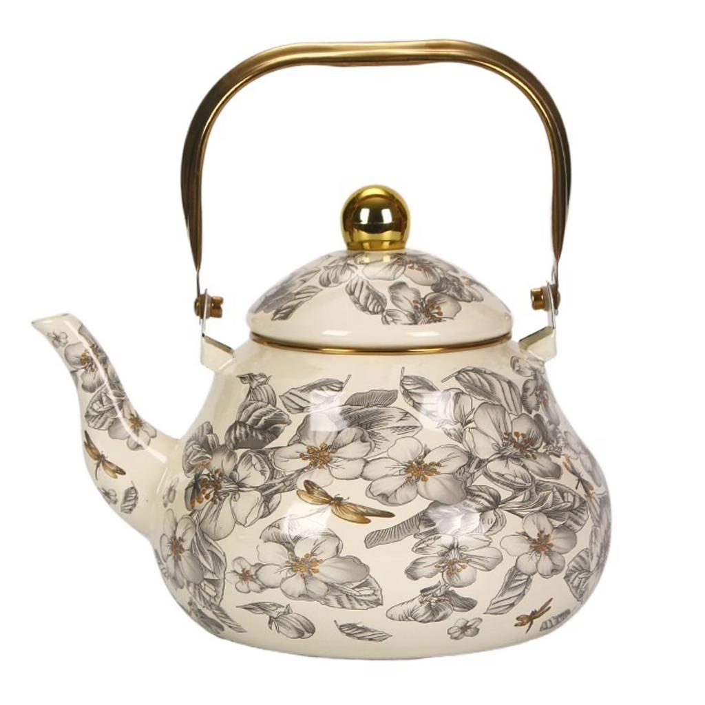 Vintage Emaillierter Teekessel, Stahlteekanne Mit Blumendekor, Bunter Porzellanemaille-Teekessel, Für Kochfeld, Heimküchen-Dekoration