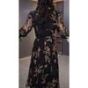 Women's Floral Chiffon Dress V-Neck Loog Sleeve Waist Tie Retro Elegant Midi Dress