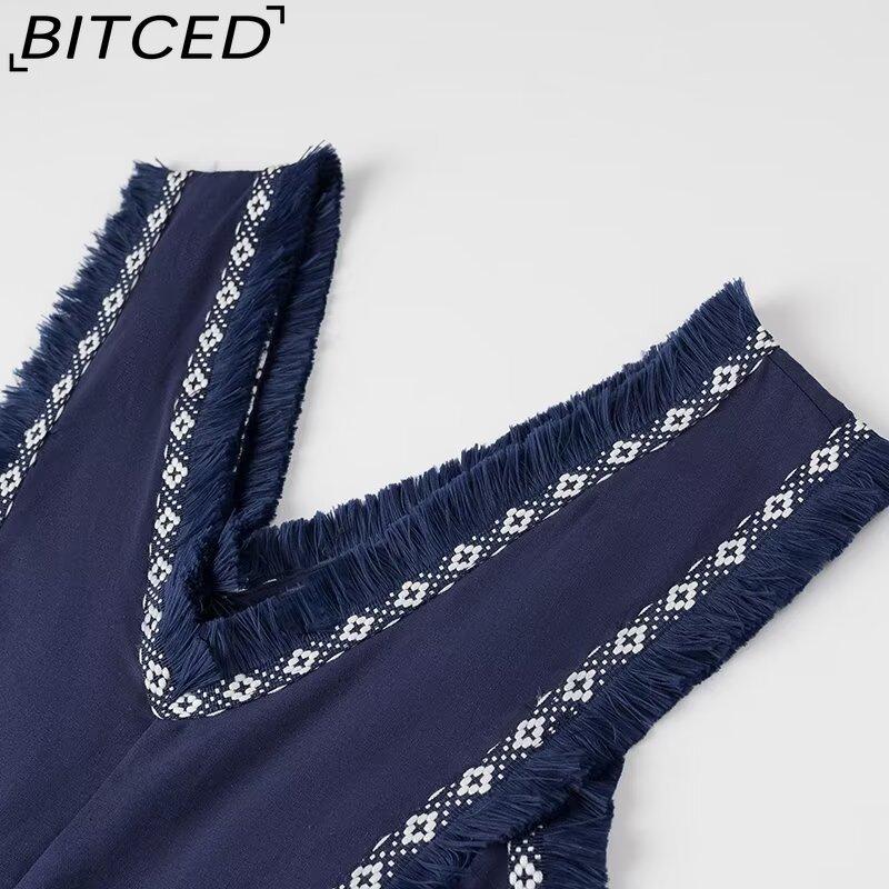 BITCED Damen Sommer Mode V-Ausschnitt Fransen Patchwork Maxikleid mit vollem Rock