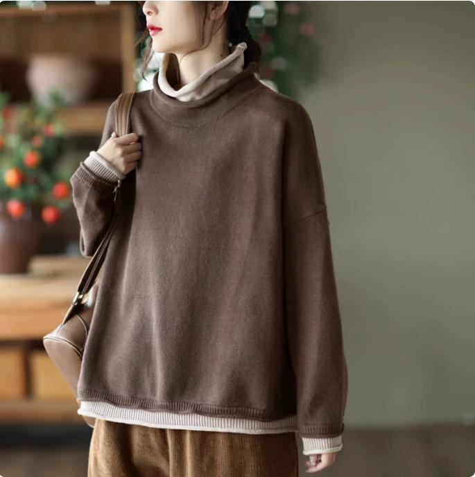 Plus Size Women's Autumn Winter Knitted Sweater Fake Two Piece Loose Turtleneck Pullovers Bottoming Shirt Casual Tops