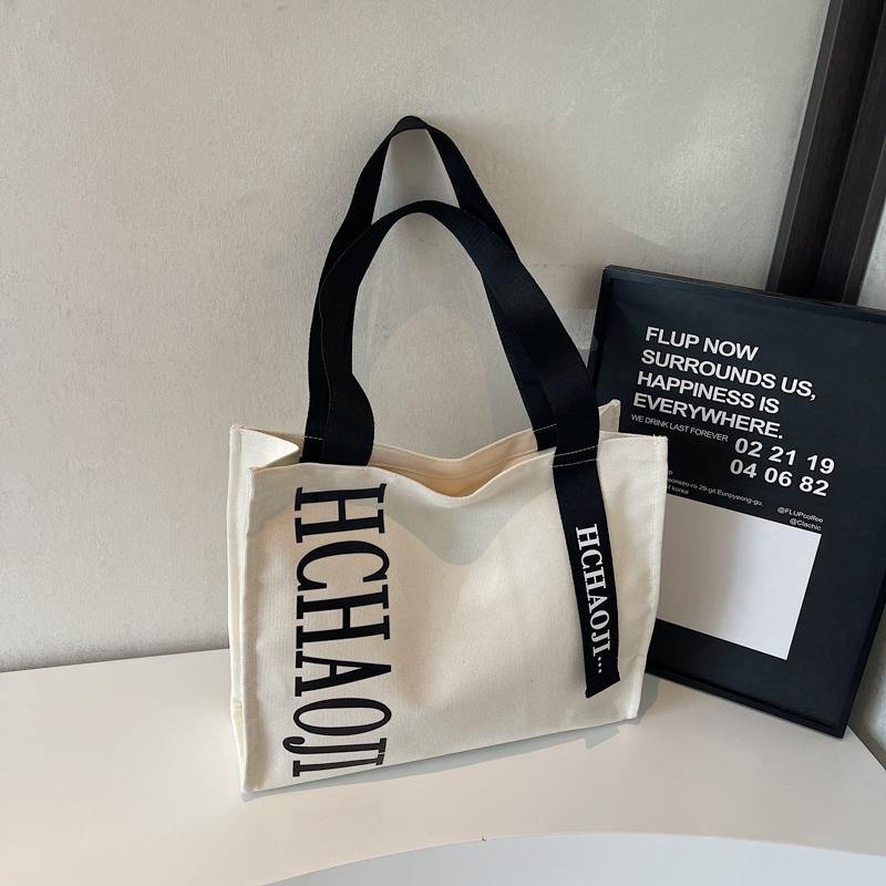 Letter Print Canvas Shoulder Bag Women's Travel Large Capacity Tote Bag Student Class Commuter Bag