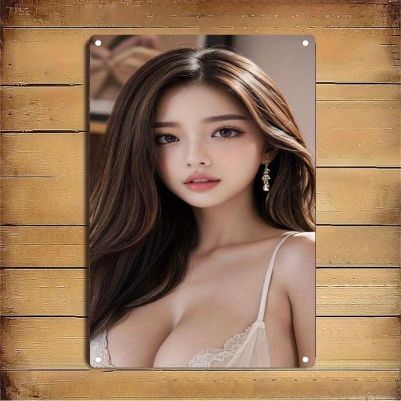 Metal Wall Art Woman Portrait, Korean Style Iron Poster for Home Bar Cafe Office