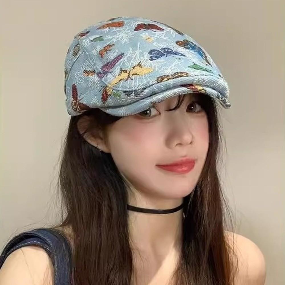Vintage Artist Painter Hat Ethnic Style Butterfly Embroidered Beret  Spring Summer