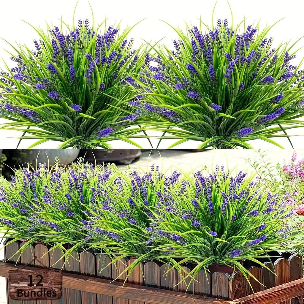 12 Bundles of UV Resistant Artificial Lavender Plants with Monkey Grass - Art Deco Style Fake Flowers for Outdoor Home Garden Decor