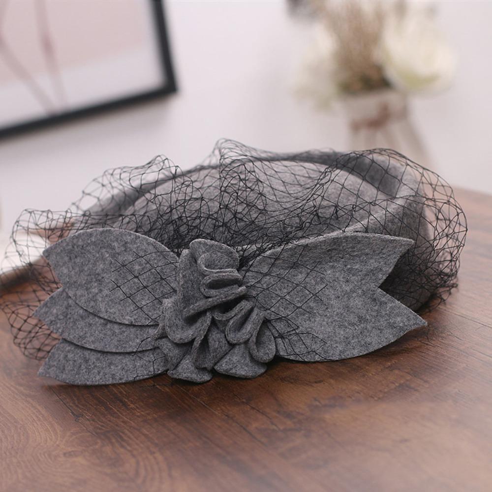 Flower Mesh Topper Hat Solid Color Woolen Beret Woolen Top Hat Formal Hat Performances