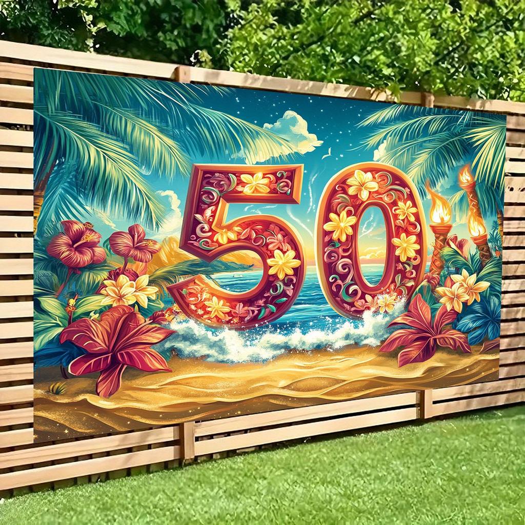Bannière de Fête Tropicale sur la Plage pour le 50e Anniversaire d'Hawaï - Fleurs d'Hibiscus Vibrantes et Fond de Palmiers