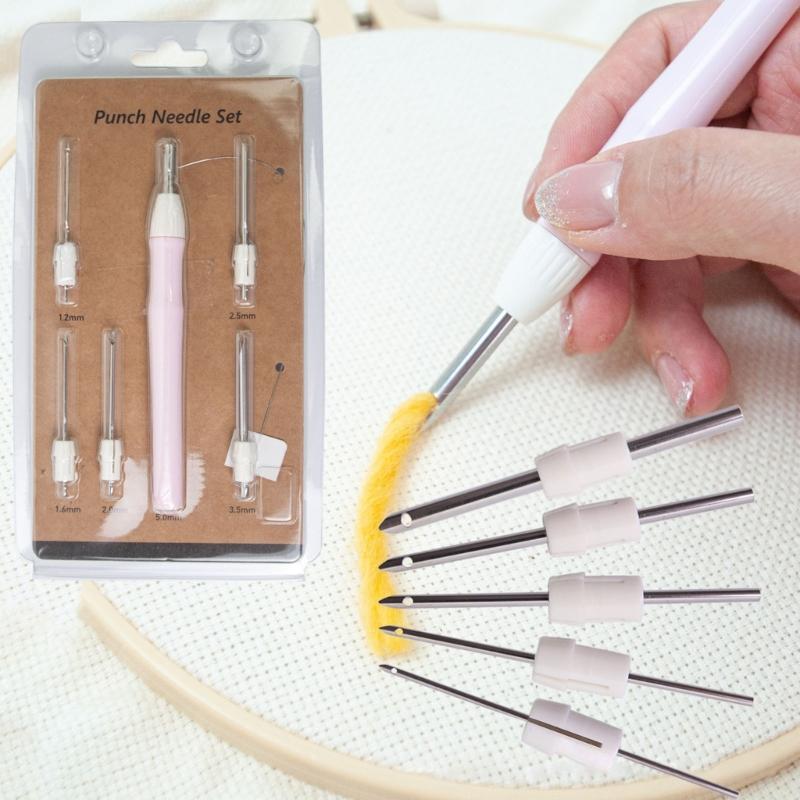 Stainless Steel Embroidery Punch Needle Set Including Adjustable 6 Head Ergonomic Handle Storage Case for Home