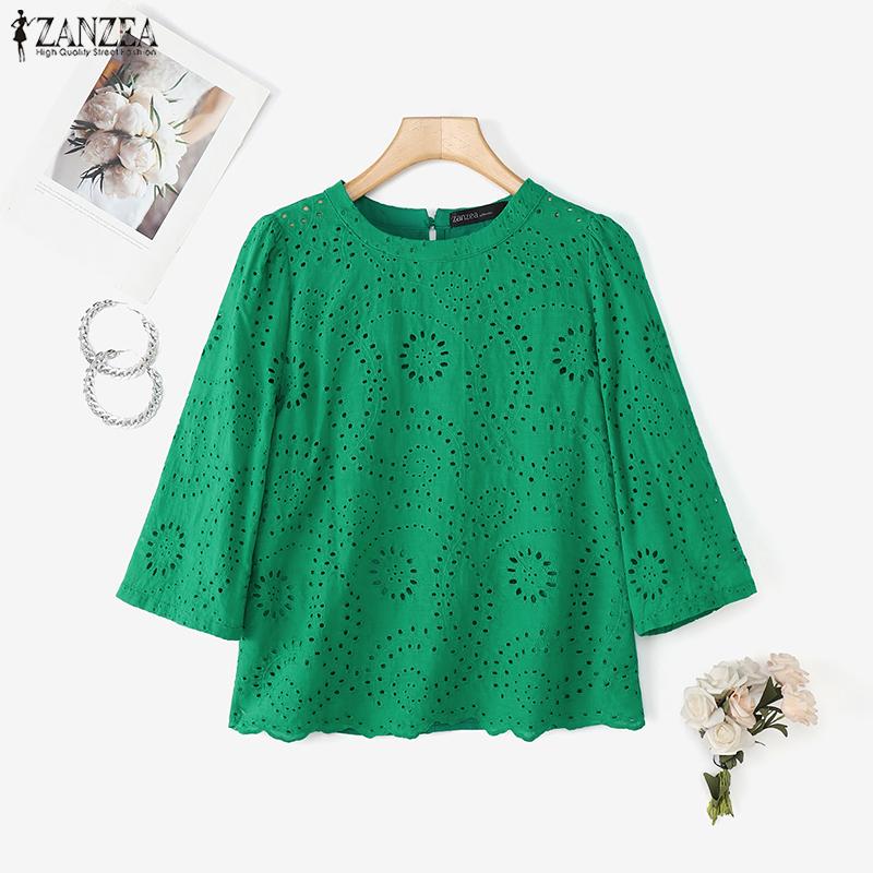 ZANZEA Dame Casual Rund Hals 3/4 Erme Løs Lappeteppe Heklet Bluse
